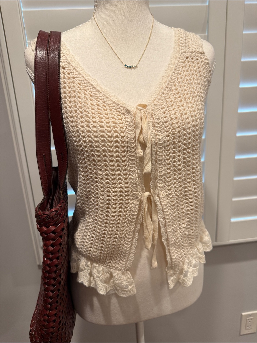 Cream Knit Tie-Front crochet top lace detail